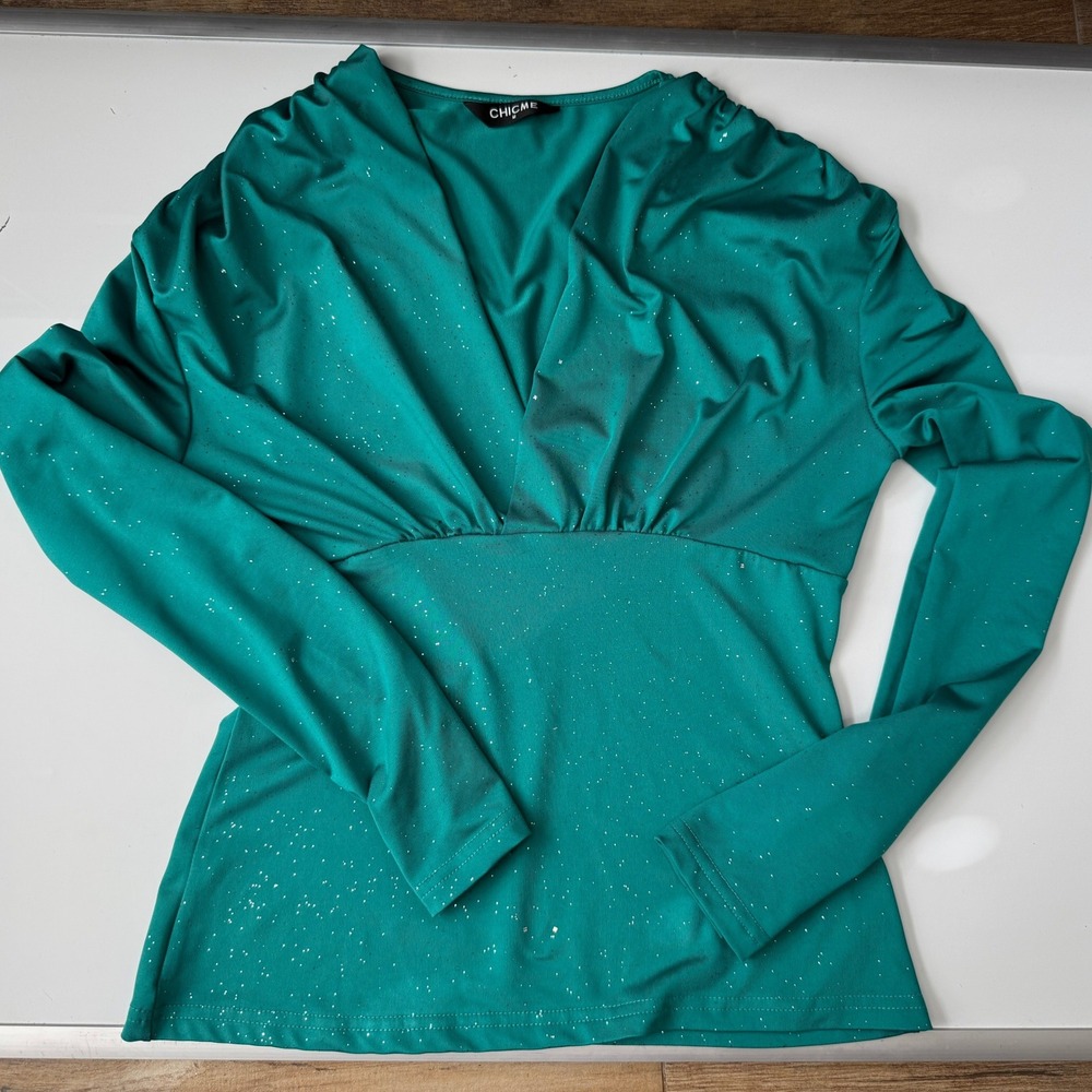 CHICME Teal Sparkle Ruched V Neck Long Sleeve Shirt Blouse Size M